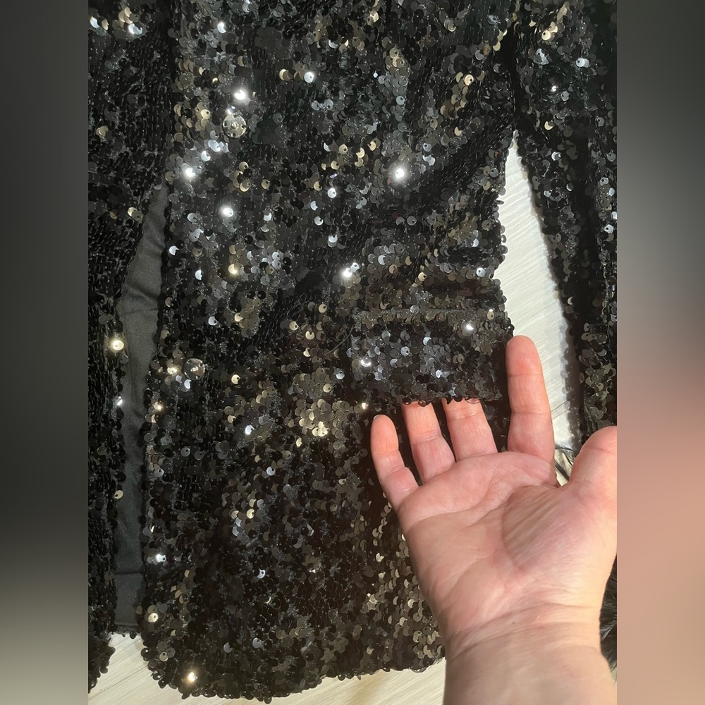 Black Sequin Blazer with Feather Cuffs - Picture 9 of 15